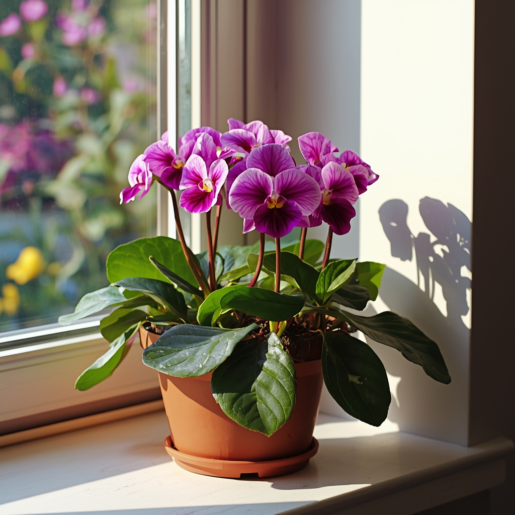 Afrička ljubičica sa šarenim cvetovima u dnevnoj sobi