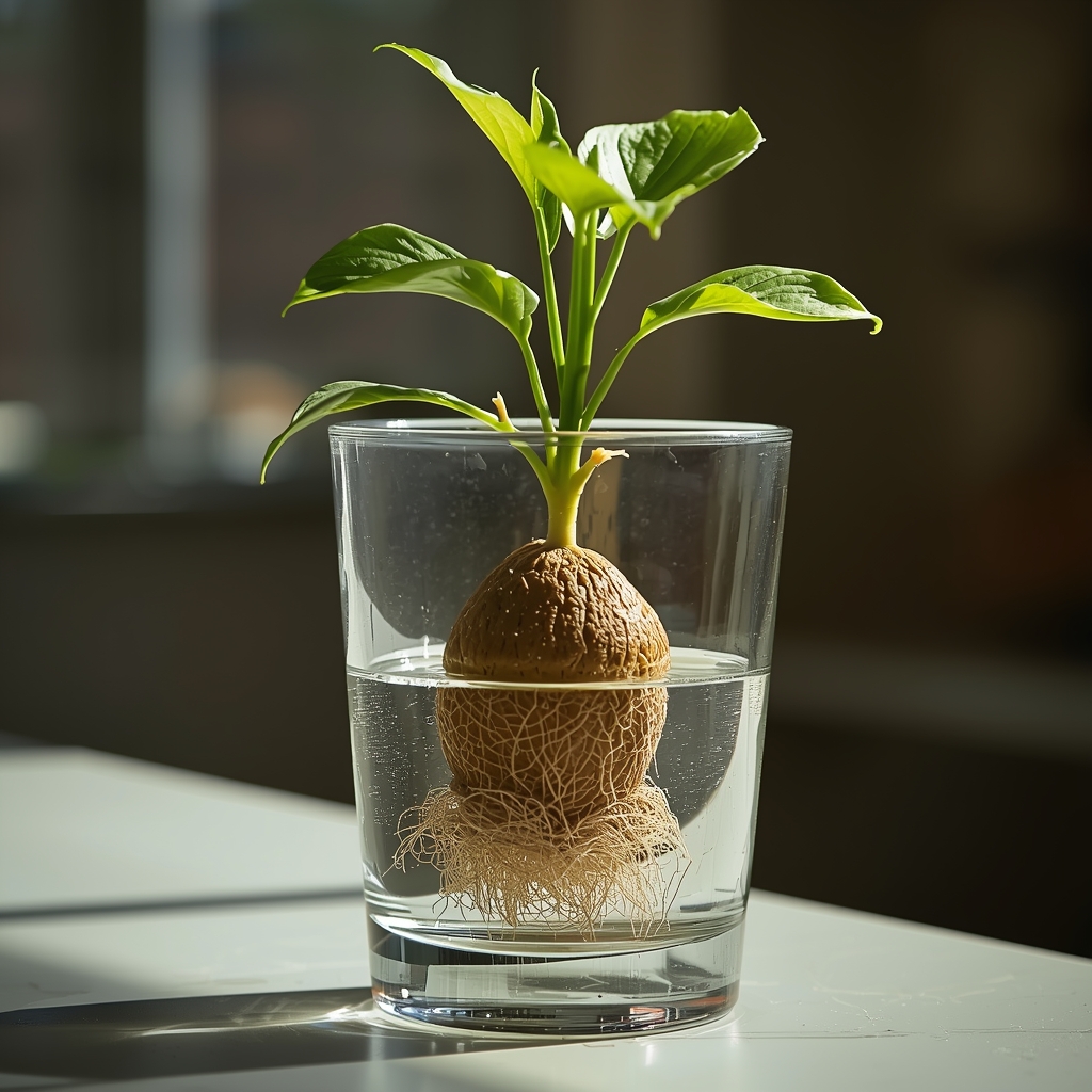 Avokado u saksiji sa razvojem korena iz semenke