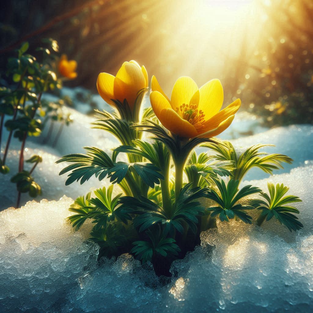 Kukurjak sa žutim cvetovima kako raste pod snežnim pokrivačem u vrtu