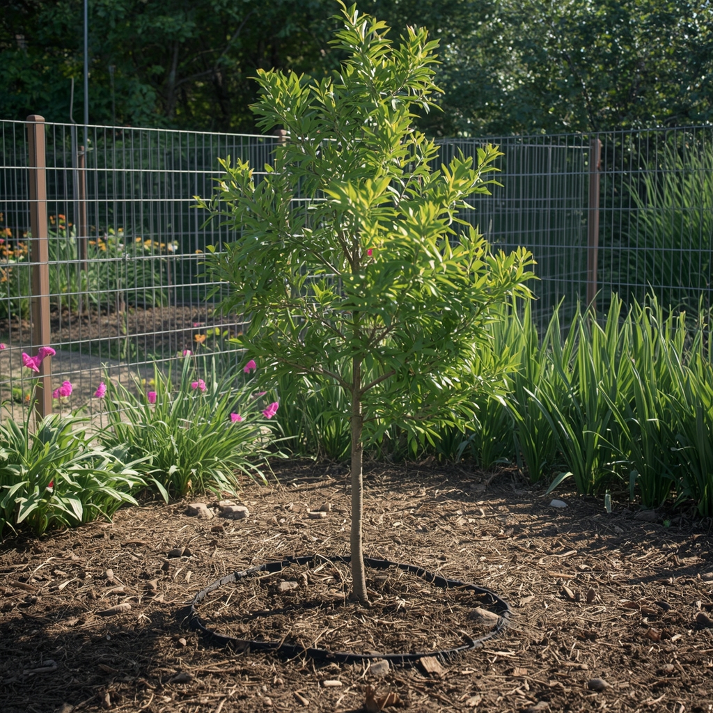 Odraslo drvo u novoj lokaciji sa malčem i zaštitnom ogradom