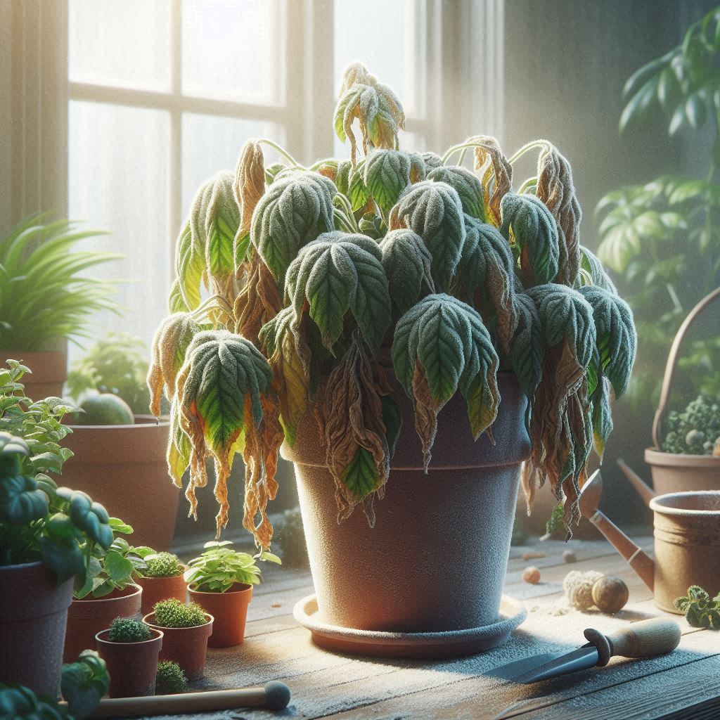 Promrzla biljka u saksiji sa oštećenim listovima i stabljikom