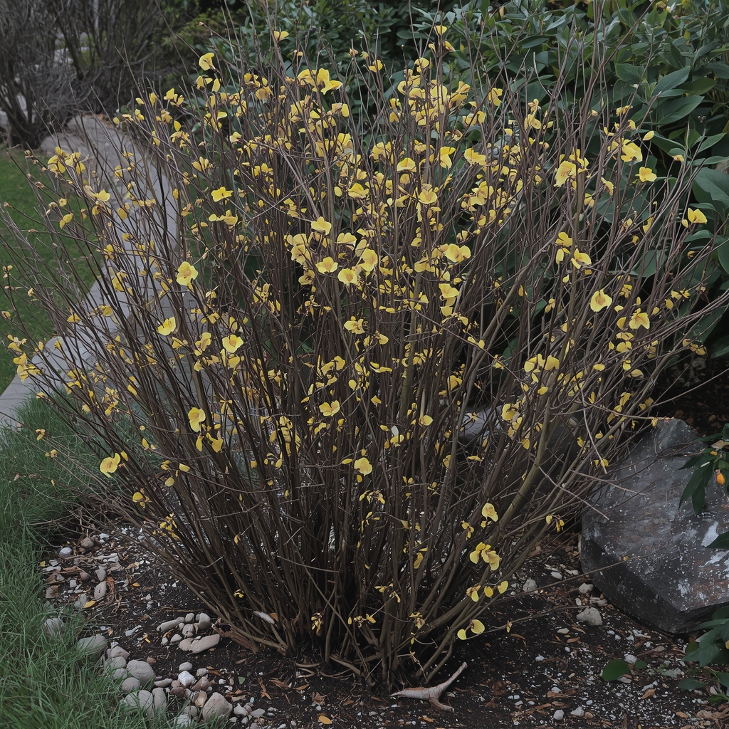 Ukrasni grm zimocvet sa žutim cvetovima u zimskom vrtu